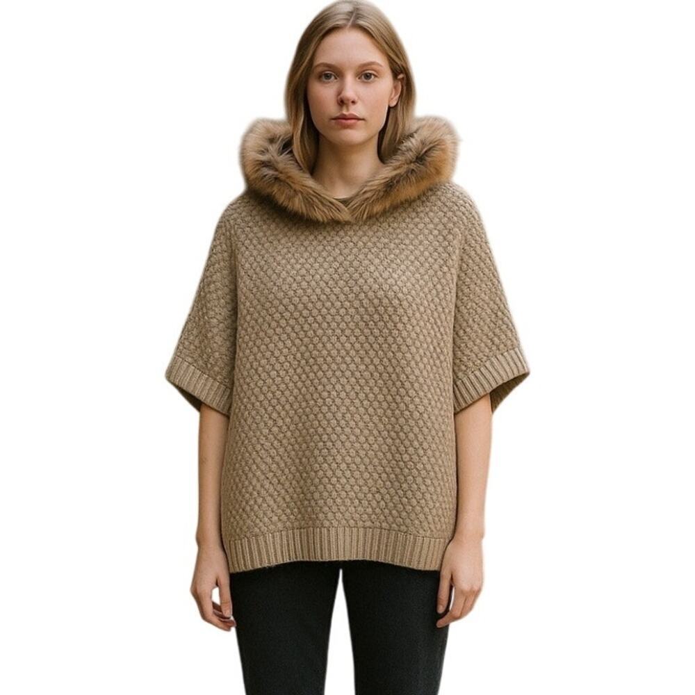 Linda Richards Wool Blend Fur-Trimmed Knit Poncho Raccoon Fur Collar NWT